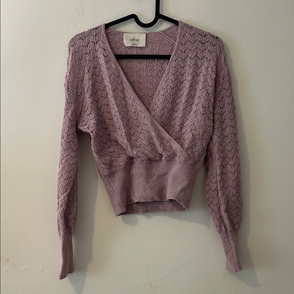 Aritzia Wilfred Lavender Lilac V-Neck Cropped Wrap Sweater in Merino Wool Blend